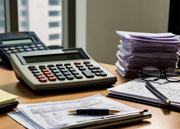 Default_an_office_desk_with_financial_papers_folders_and_calcu_2