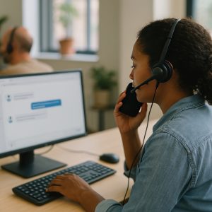 Customer service representative at work A person on a Call Center checking the business SMS