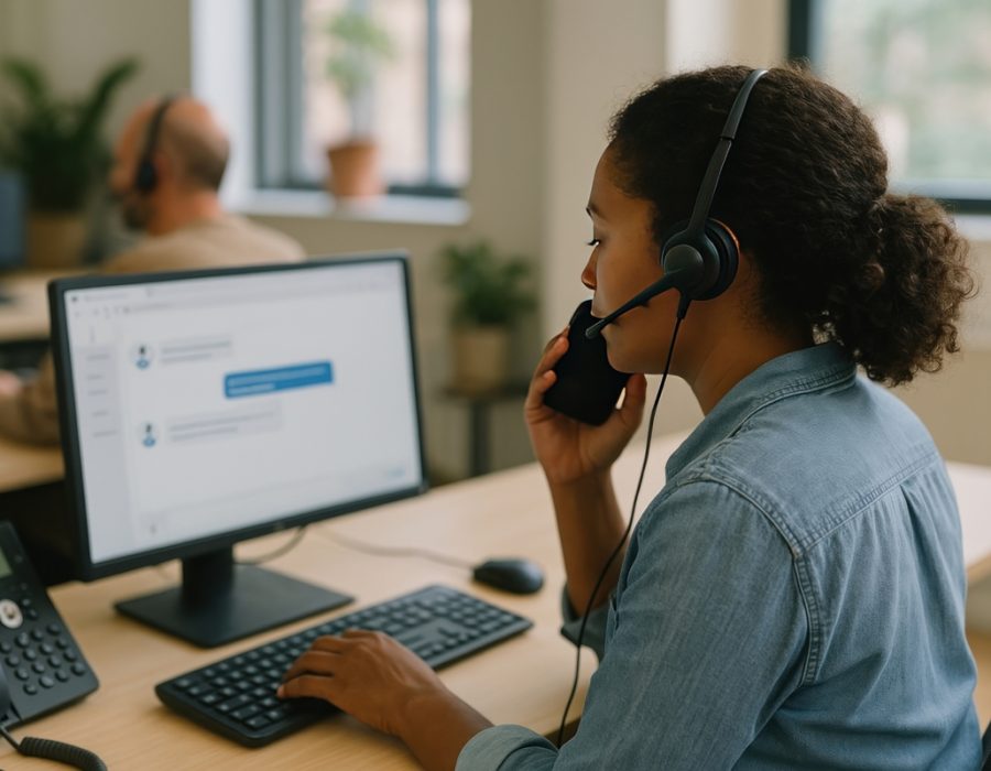 Customer service representative at work A person on a Call Center checking the business SMS