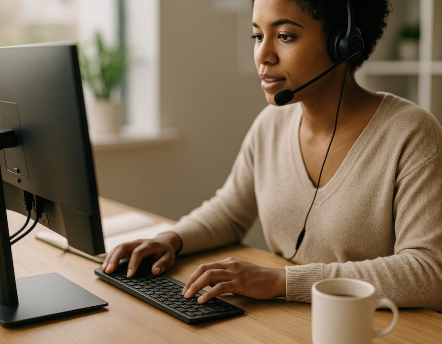 Focused professional using computer headset. Focused professional using computer headset.