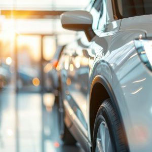 Car in dealership headlight vehicle wheel.
